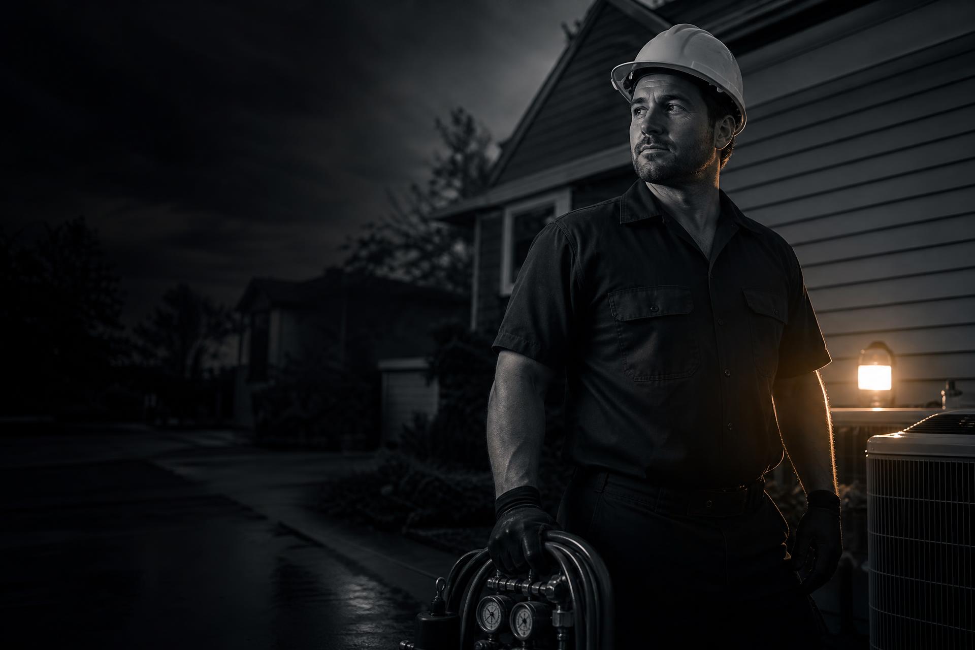 Home service professional in a hard hat standing outside a residential job site at dusk